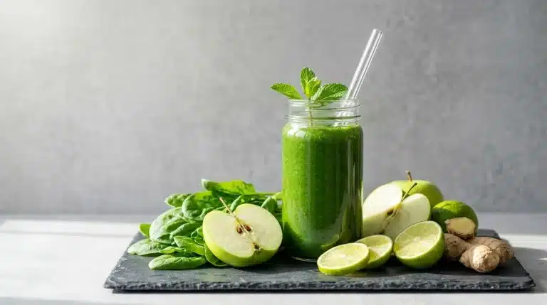 Vaso de batido verde natural con pajita de vidrio, hojas de espinaca, manzana verde y jengibre