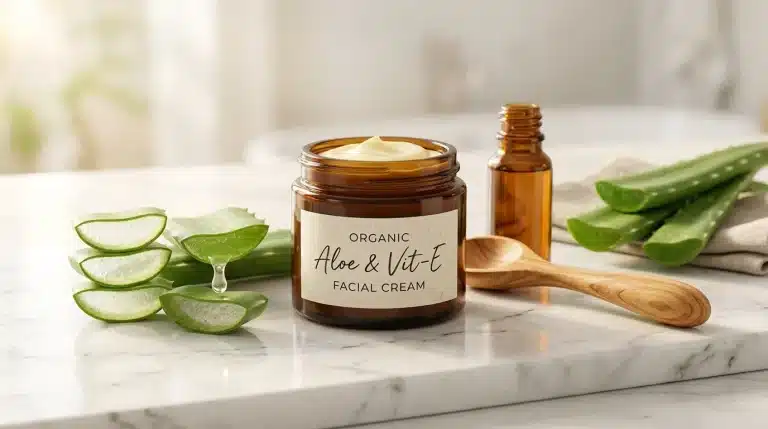Tarro de crema facial casera de aloe vera puro y gotas de vitamina E sobre tocador de mármol