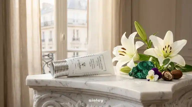 Tubo de crema hidratante facial Sisley Hydra Global sobre repisa de mármol con lirios
