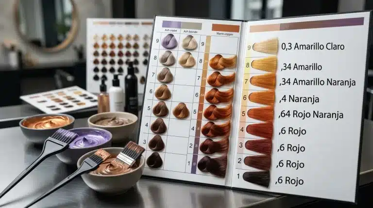 Carta de muestras de color de pelo y cuencos con brochas de tinte en mesa de peluquería