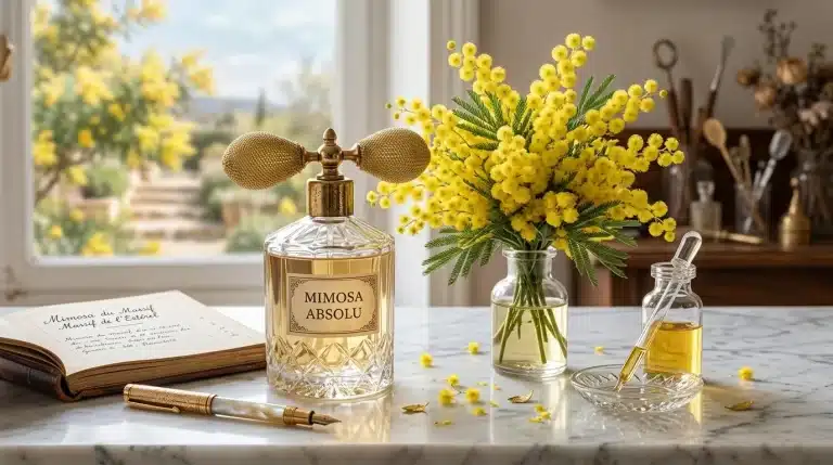 Frasco de perfume vintage con atomizador dorado y ramo de flores de mimosa amarilla fresca