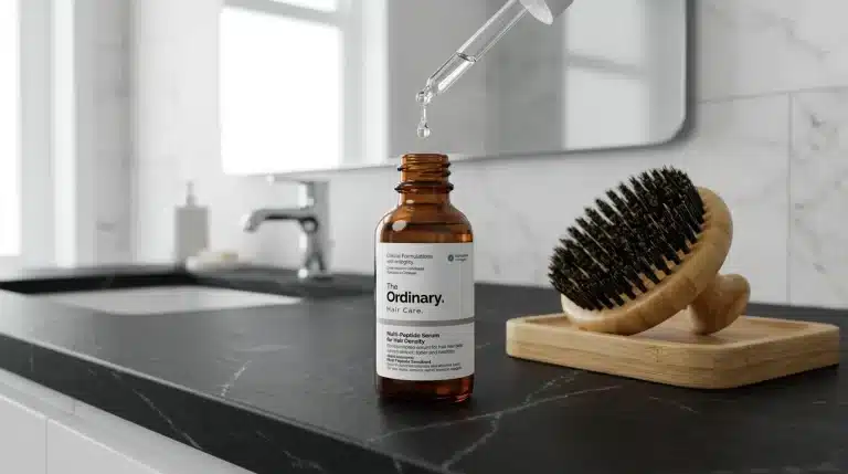 Frasco de The Ordinary Multi Peptide Serum for Hair Density en lavabo de baño con masajeador