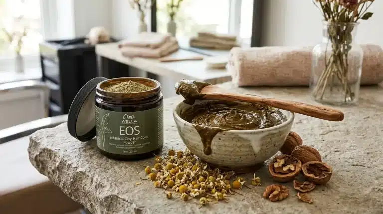 Tarro de Wella EOS y cuenco con mezcla de barro vegetal y plantas sobre piedra de salón