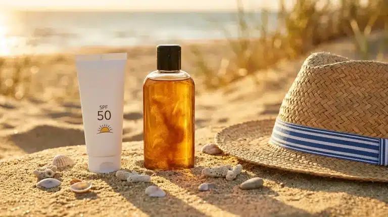 Aceite seco acelerador del bronceado con reflejos dorados, protector solar SPF 50 y sombrero de paja