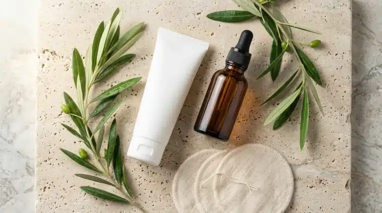 Rutina de cuidado facial con tubo de crema purificante, sérum de niacinamida y discos de algodón