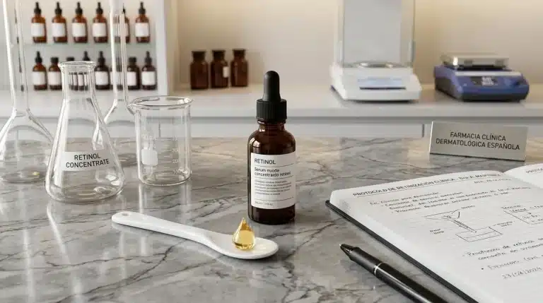 Análisis dermatológico de la fórmula Arturo Alba Retinol puro con pipeta dosificadora de precisión, bisabolol y agentes calmantes sobre mesa de formulación clínica cosmética.