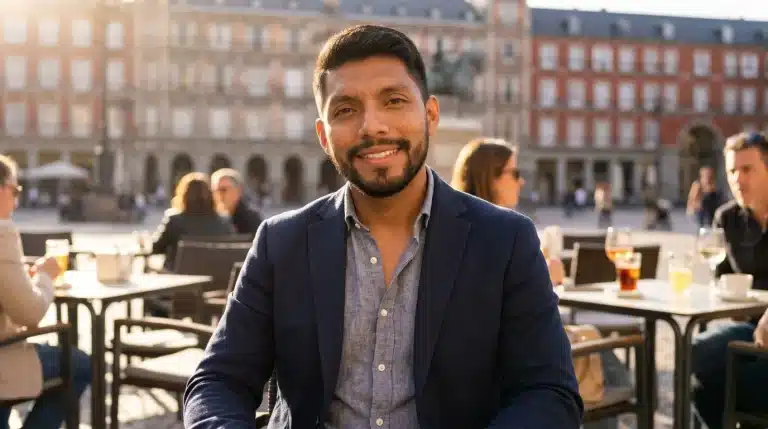 Hombre carismático con barba cuidada y chaqueta azul en una terraza urbana con luz cálida