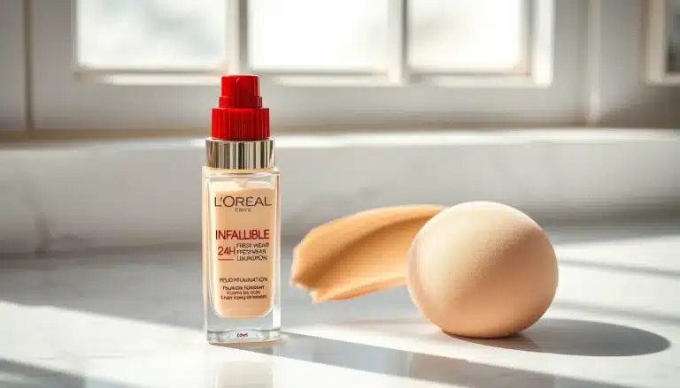 Base de maquillaje fluida L'Oréal Infallible Fresh Wear 24H con esponja mezcladora en mármol