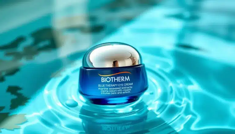 Tarro azul marino de Biotherm Blue Therapy Eye con extractos de algas sobre ondas de agua