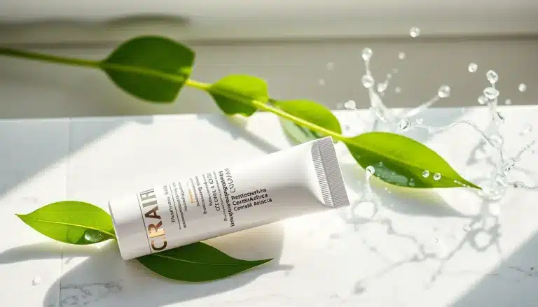 Tubo de crema reparadora Blastoactiva con extracto de Centella Asiática sobre mármol