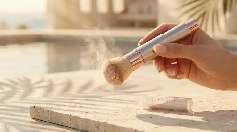 Brocha retráctil con polvos de protección solar mineral liberando suave nube difusora al sol