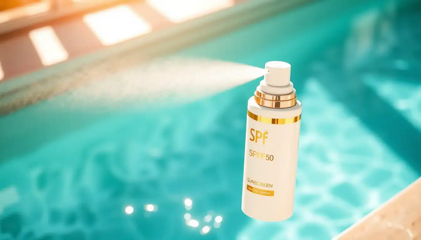 Bruma facial SPF 50: análisis de activos, beneficios y uso Bruma facial solar SPF 50 pulverizando fina niebla protectora al sol junto a agua turquesa
