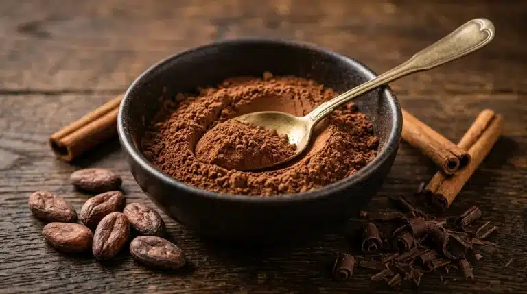 Cuenco de cacao puro en polvo con cuchara dorada, ramas de canela y granos de cacao