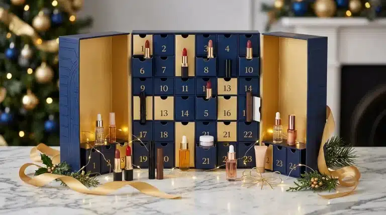 Calendario de adviento de belleza L'Oréal Paris con labiales, máscaras y sérums en tocador navideño