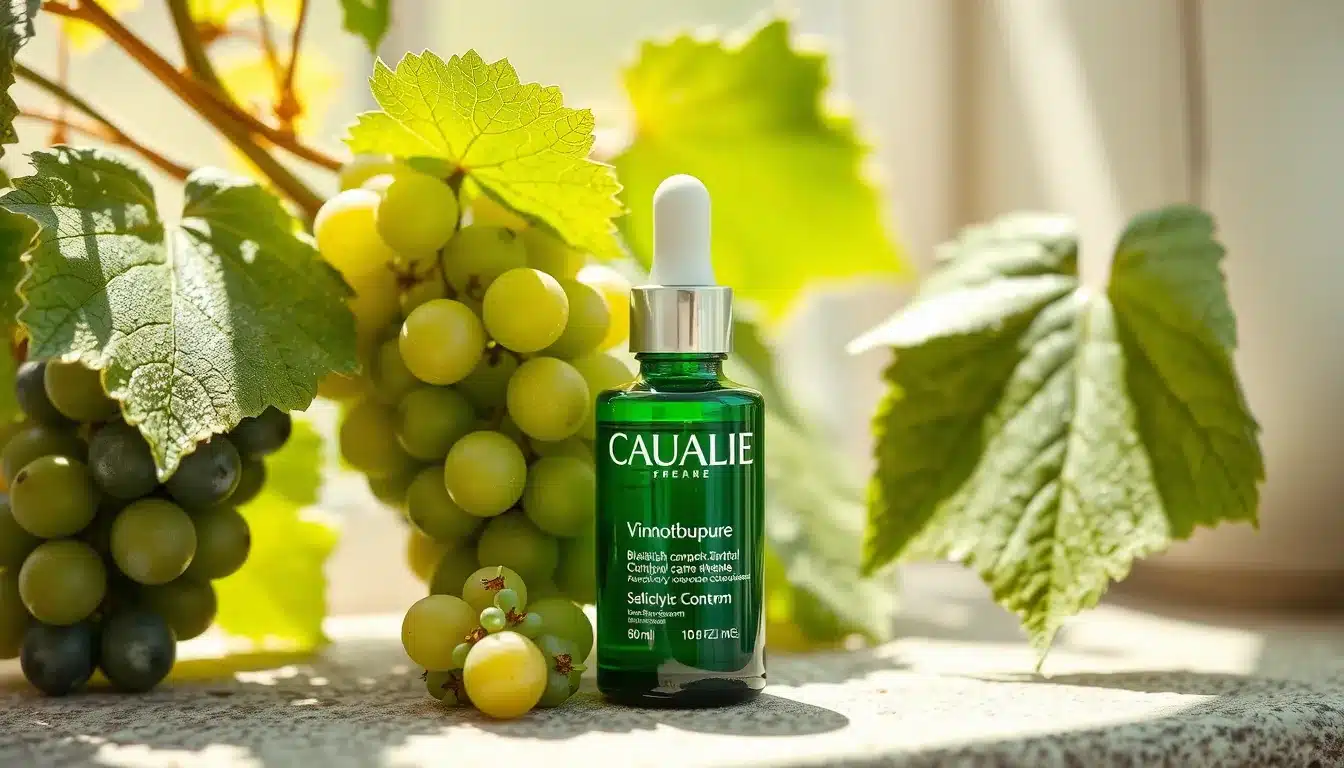 Vinopure: análisis de activos, beneficios y uso Frasco de sérum Caudalie Vinopure con ácido salicílico natural, agua de uva y hojas verdes de vid