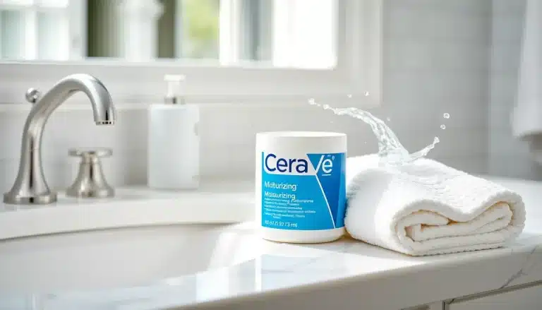 Tarro de crema hidratante CeraVe con ceramidas y pulsador en tocador blanco iluminado