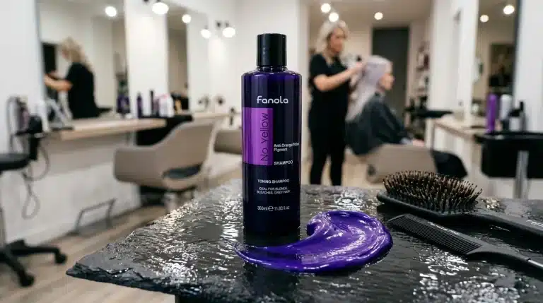 Champú matizador morado Fanola No Yellow para cabellos rubios y con mechas en peluquería