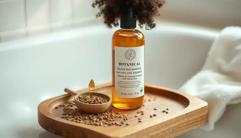 Botella de champú ecológico sin sulfatos ni siliconas para pelo rizado con aceite de jojoba y lino