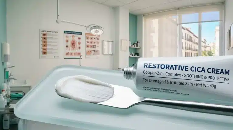Textura de crema reparadora CICA sobre espátula clínica y tubo dermocosmético en consulta médica