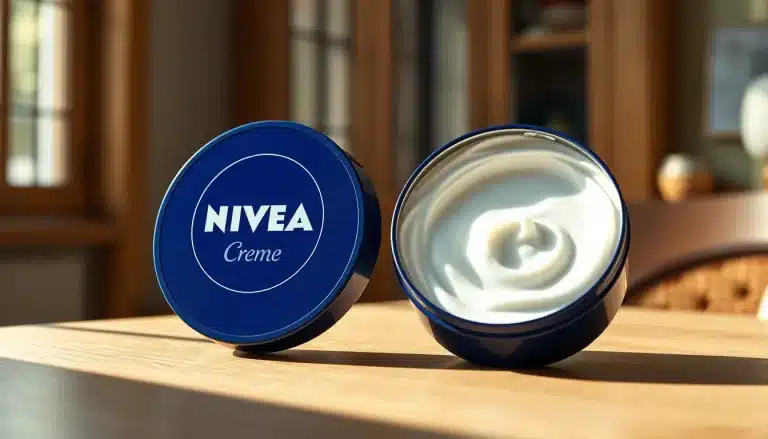 Lata clásica azul de crema Nivea abierta mostrando textura suave y cremosa en mesa de roble