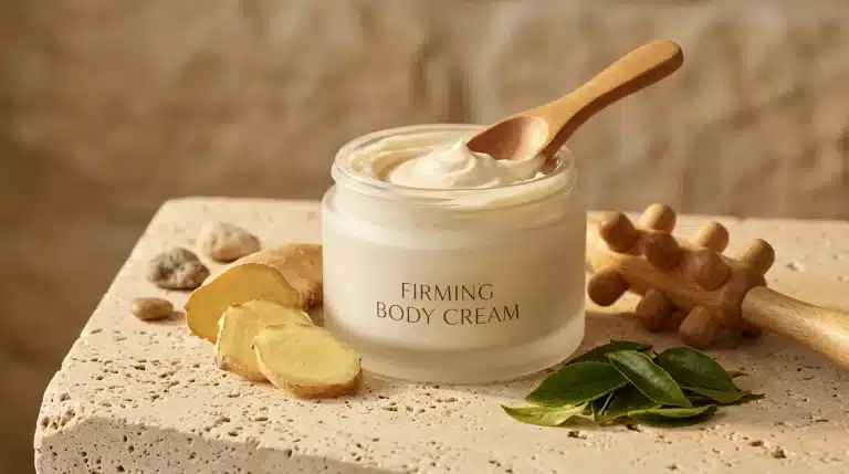 Envase de crema corporal reafirmante con extractos botánicos de jengibre y cafeína sobre mármol