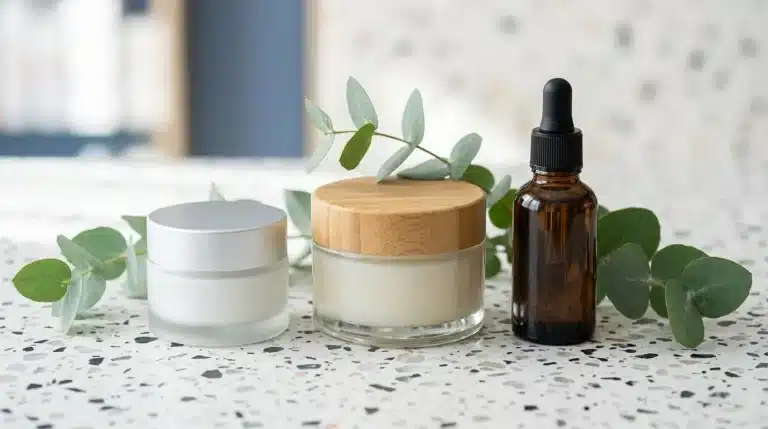 Tarro de crema función barrera, bálsamo limpiador y sérum exfoliante en tocador de terrazo