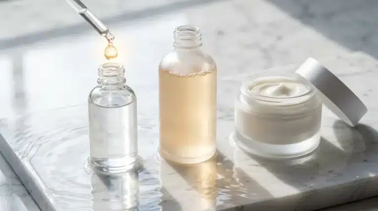 Gotero con gota de ácido hialurónico, tónico facial y crema hidratante sobre mármol de Carrara