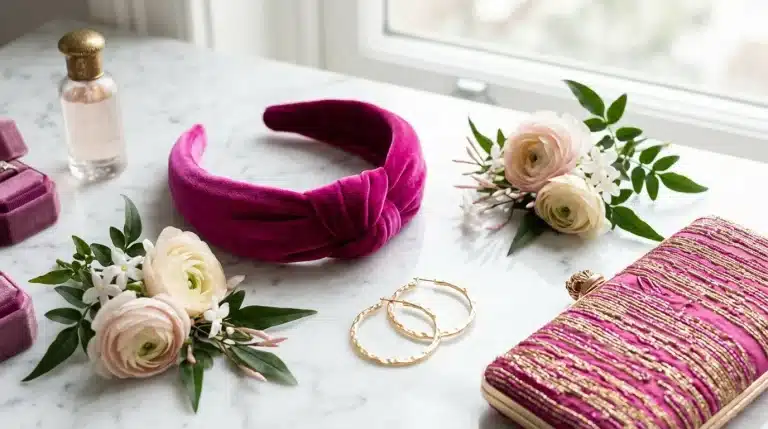Diadema de terciopelo fucsia con nudo para invitada de boda junto a pendientes dorados y cartera