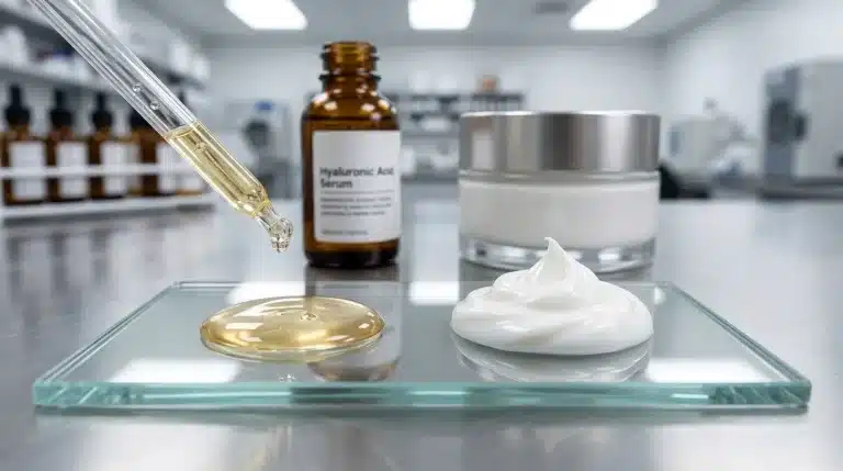 Comparativa de textura dermatológica en placa de vidrio: gota fluida de sérum con pipeta vs nuez untuosa de crema hidratante.