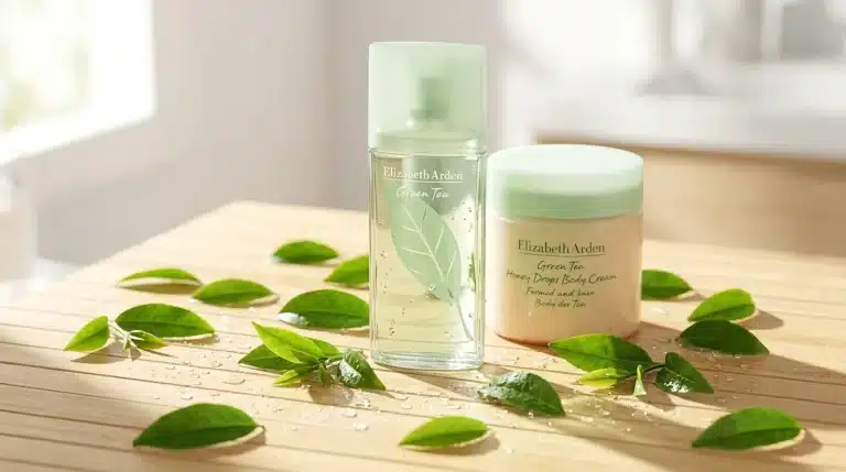 Perfume Elizabeth Arden Green Tea y crema corporal Honey Drops con hojas de té verde