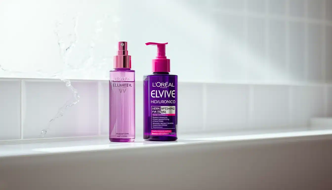 Hidra hialurónico Elvive: sérum, Champú y análisis y opiniones Gama capilar L'Oréal Elvive Hidra Hialurónico morada sobre azulejos blancos con agua