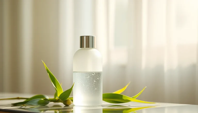 Frasco de esencia facial hidratante de cristal esmerilado con hojas de bambú y rocío matinal