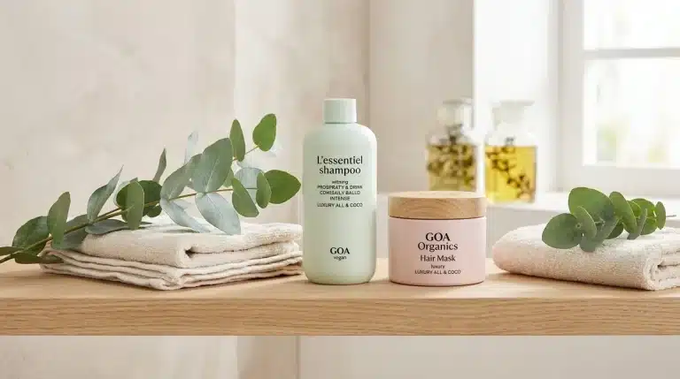Botellas de champú y mascarilla vegana Goa Organics en estante de madera con hojas de eucalipto
