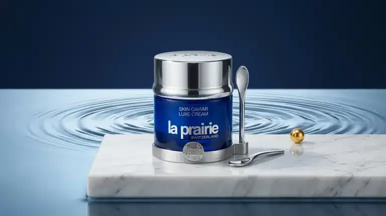 Tarro de crema azul cobalto La Prairie Skin Caviar Luxe Cream con espátula plateada sobre mármol
