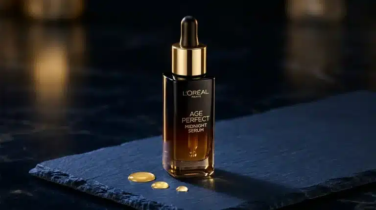 Sérum antiedad de noche L'Oréal Age Perfect Midnight Serum con gotas doradas sobre pizarra