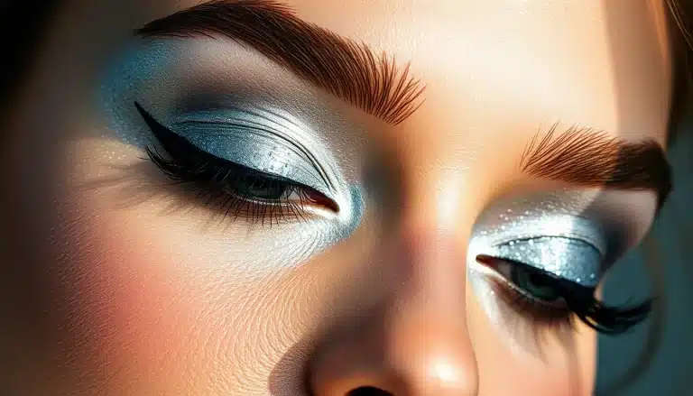 Primer plano de maquillaje de ojos con sombras plateadas metalizadas y delineado felino negro