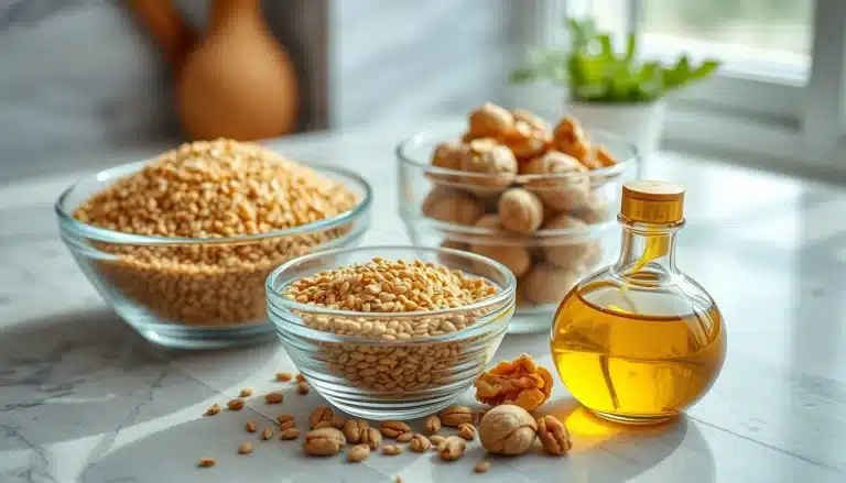 Cuenco con semillas de lino, chía, nueces y cápsulas vegetales de aceite de algas para el cabello