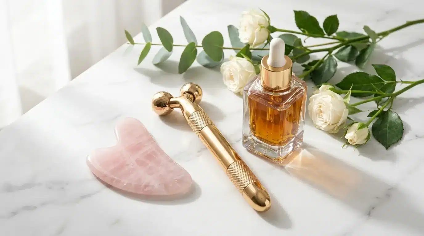 Óvalo facial descolgado: características, claves y consejos Dispositivo de microcorrientes, Gua Sha de cuarzo rosa y sérum tensor para óvalo facial