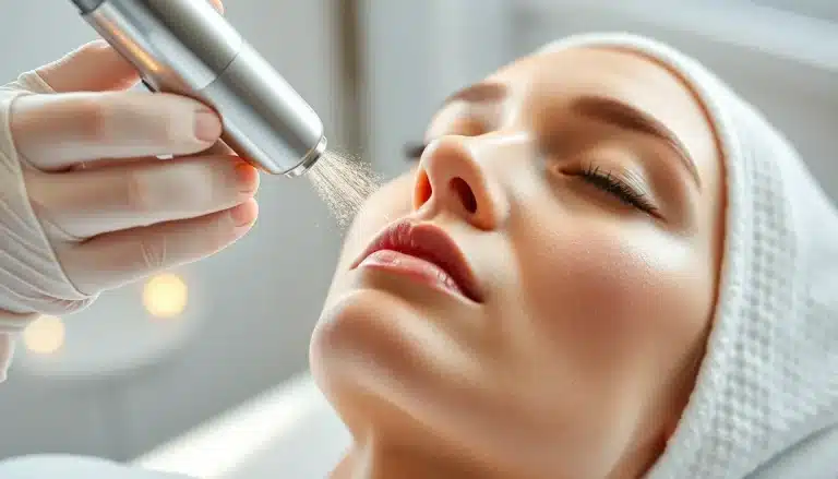 Tratamiento de oxígeno facial en spa con aplicador liberando fina niebla hidratante sobre la piel