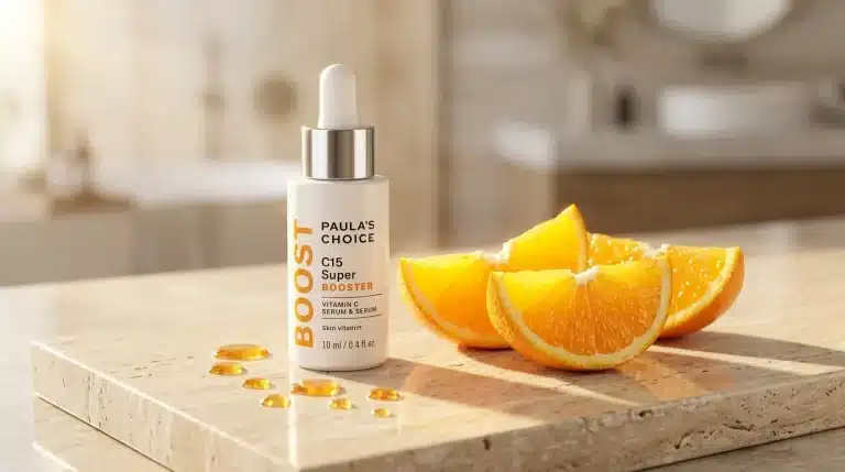 Sérum iluminador con vitamina C C15 Super Booster de Paula's Choice junto a rodajas de naranja