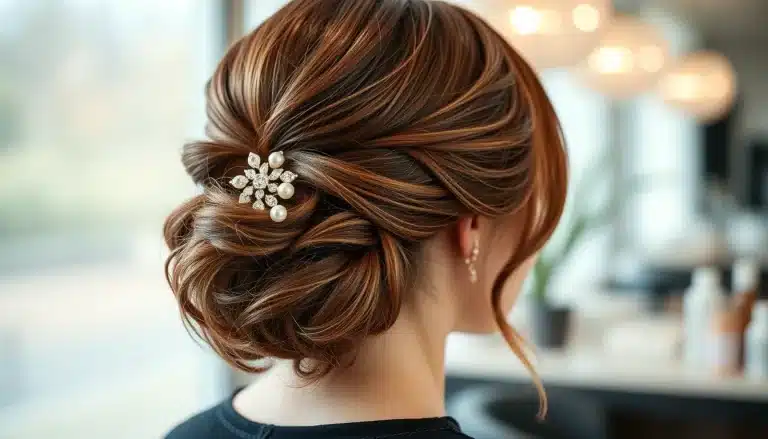 Elegante peinado de fiesta en media melena con ondas suaves al agua y horquilla joya