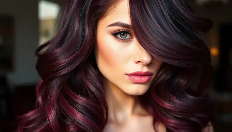 Melena peinada en ondas suaves con tinte color violín oscuro y reflejos borgoña profundos