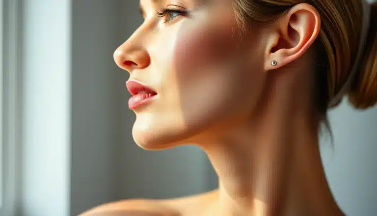 Retrato de perfil femenino con mandíbula estilizada, cuello elegante y piel radiante natural