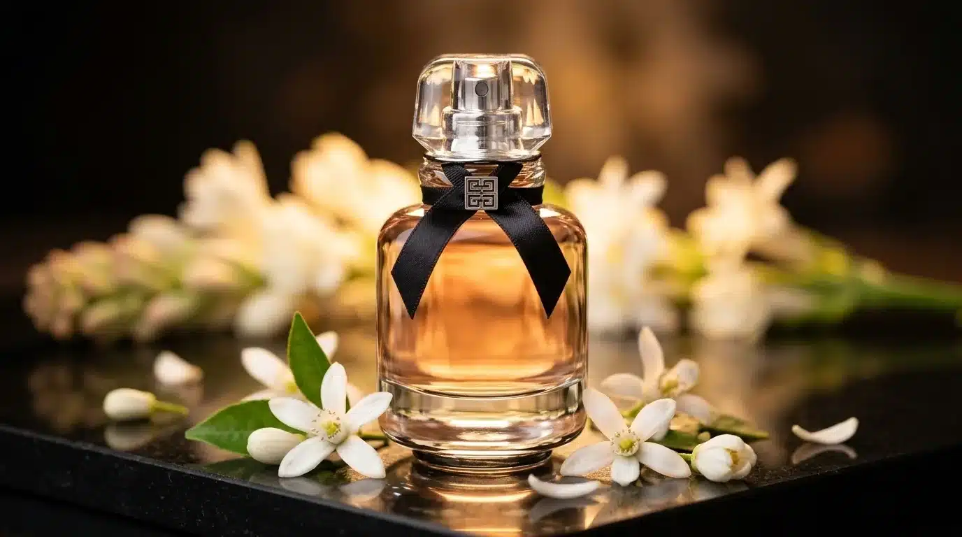 Linterdit millésime: características, claves y consejos Frasco de perfume de alta gama con lazo de satén negro, flor de azahar y nardo sobre piedra oscura