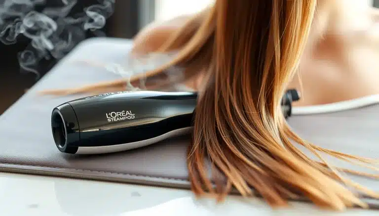 Plancha de pelo a vapor profesional L'Oréal Steampod con microvapor continuo sobre tocador de salón