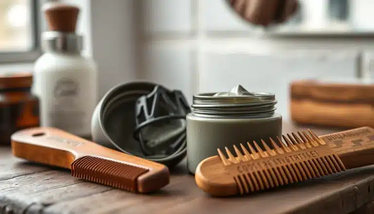 Tarro de pomada mate texturizante y peine de púas anchas de barbero sobre madera en barbería