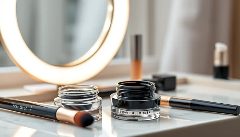 Pincel biselado de precisión con gel delineador negro intenso frente a espejo de maquillaje