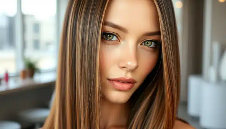 Cabello castaño liso con sutiles reflejos rubios miel y acabado pulido con brillo espejo
