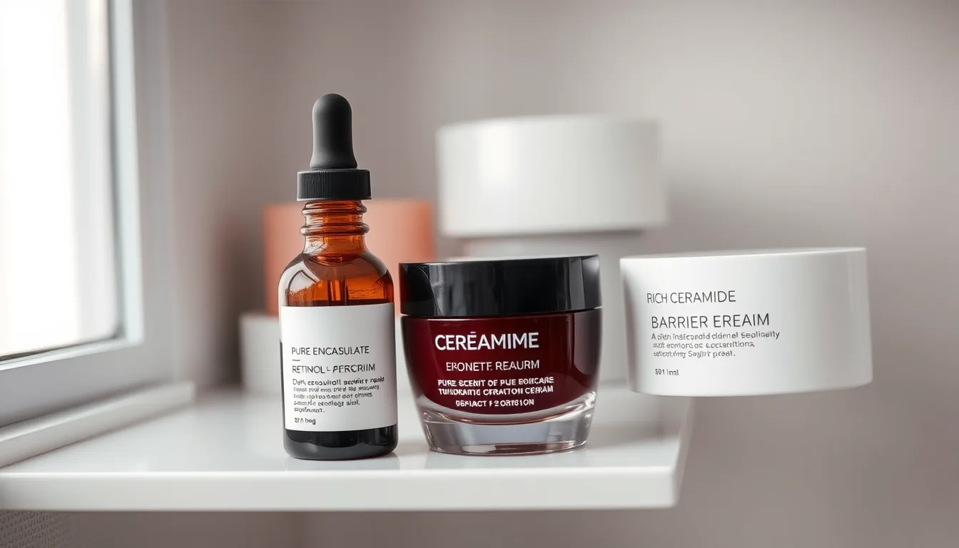 Efectos secundarios del retinol: irritación y cuándo consultar Frasco de vidrio ámbar de sérum con retinol puro y tarro de crema hidratante reparadora con ceramidas