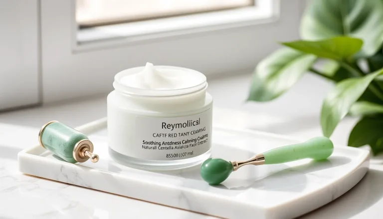 Tarro de crema calmante antirojeces para rosácea con rodillo facial de jade verde relajante